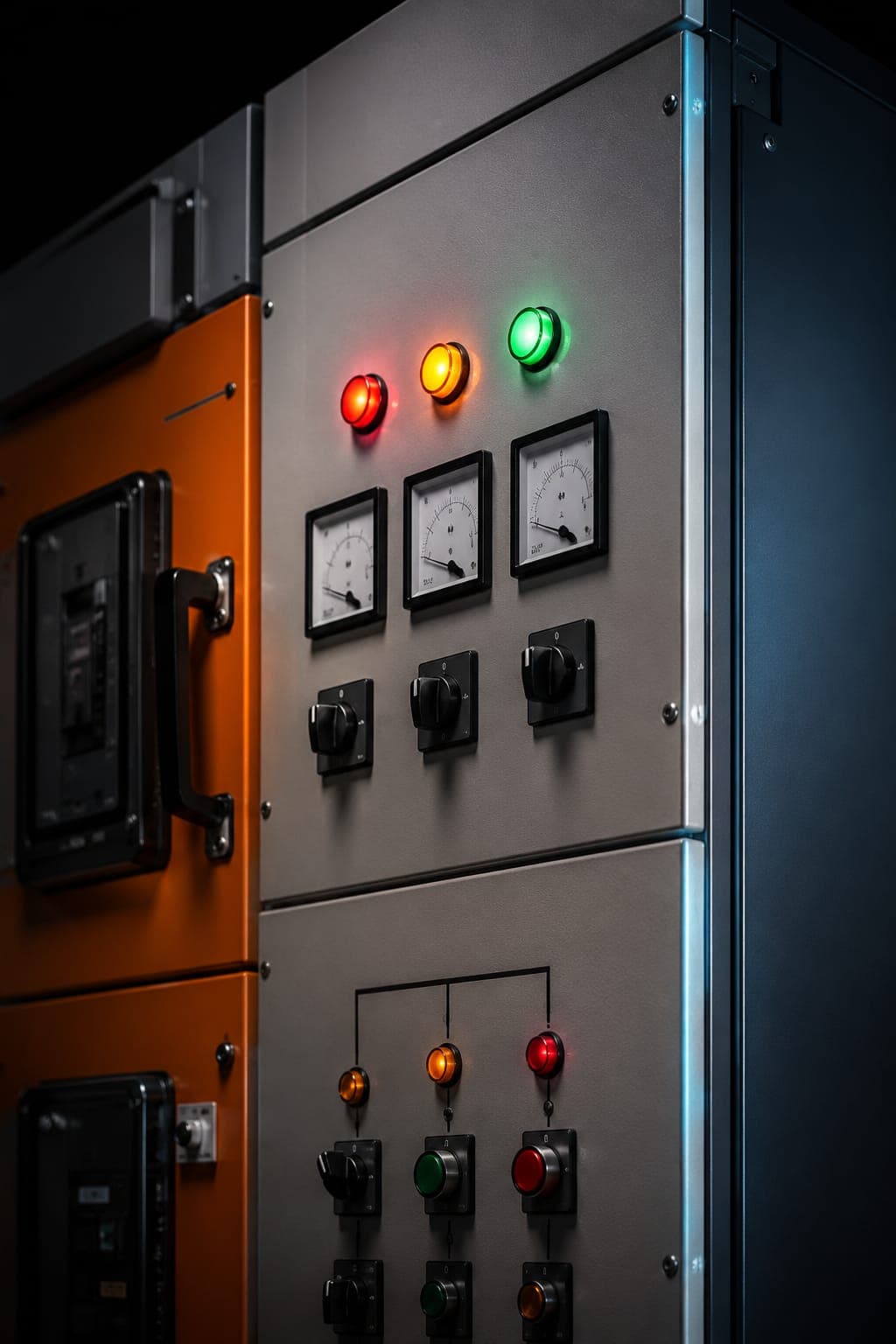 Industrial switchgear panel with analog meters and status indicator lamps