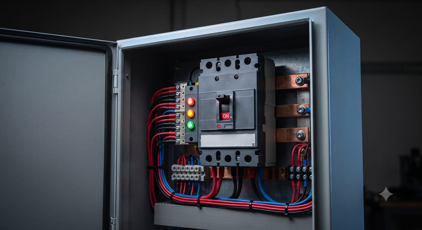 Industrial circuit breaker and copper busbar detail inside an open control panel