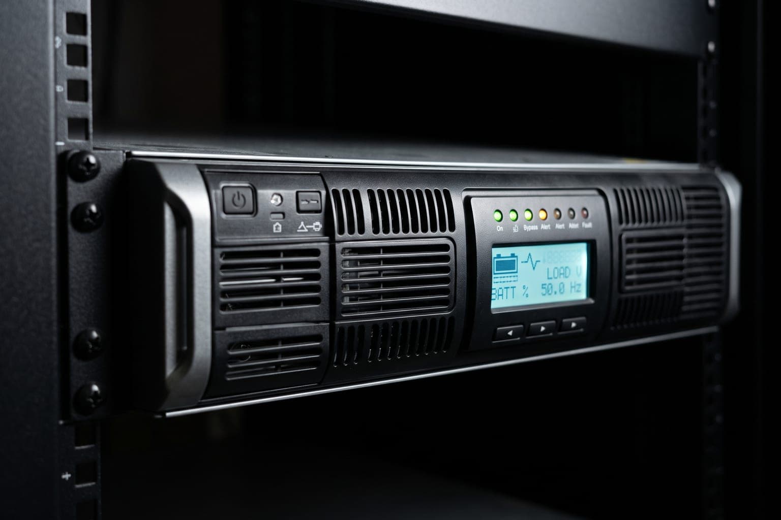 Rack-mounted UPS unit with status LEDs and an LCD readout, alongside a servo voltage stabilizer