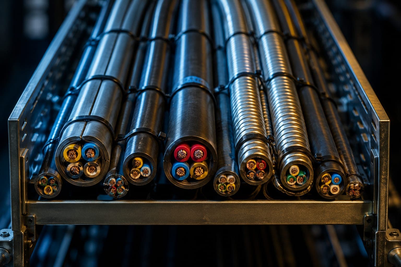 Multicore and armoured industrial cable ends bundled in a cable tray
